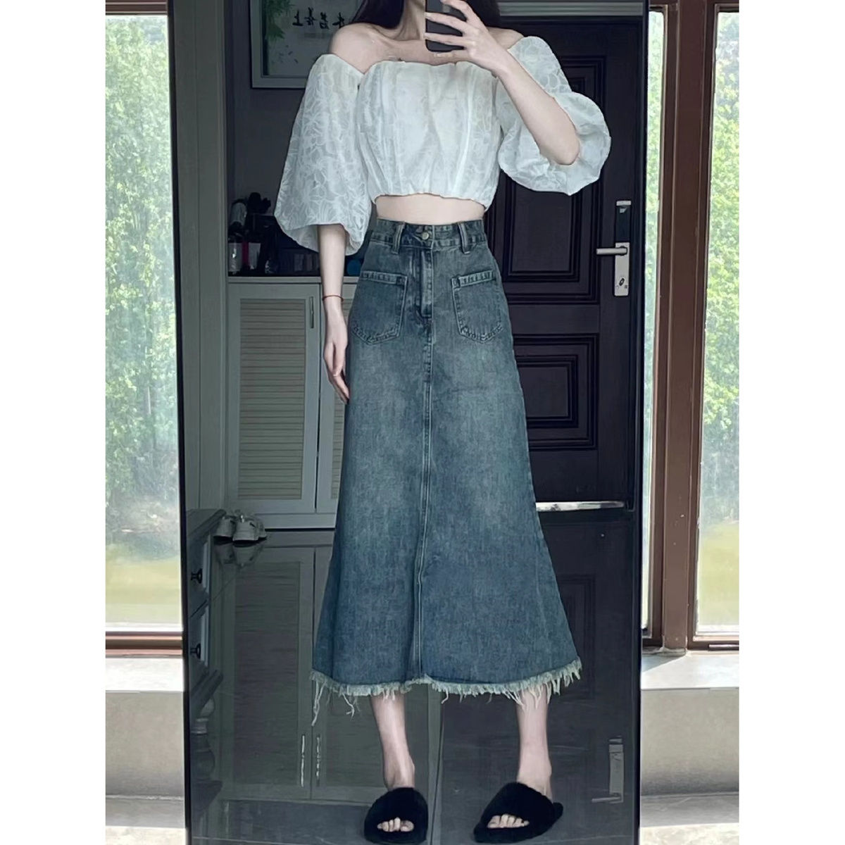 Retro large size denim skirt for women high waist loose fat mm design spring and autumn new style hip a line fishtail skirt