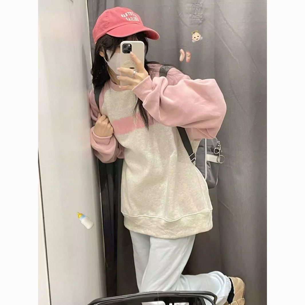 美式復古插肩袖塗鴉字母圓領衛衣女春秋薄款寬鬆撞色休閒潮牌上衣