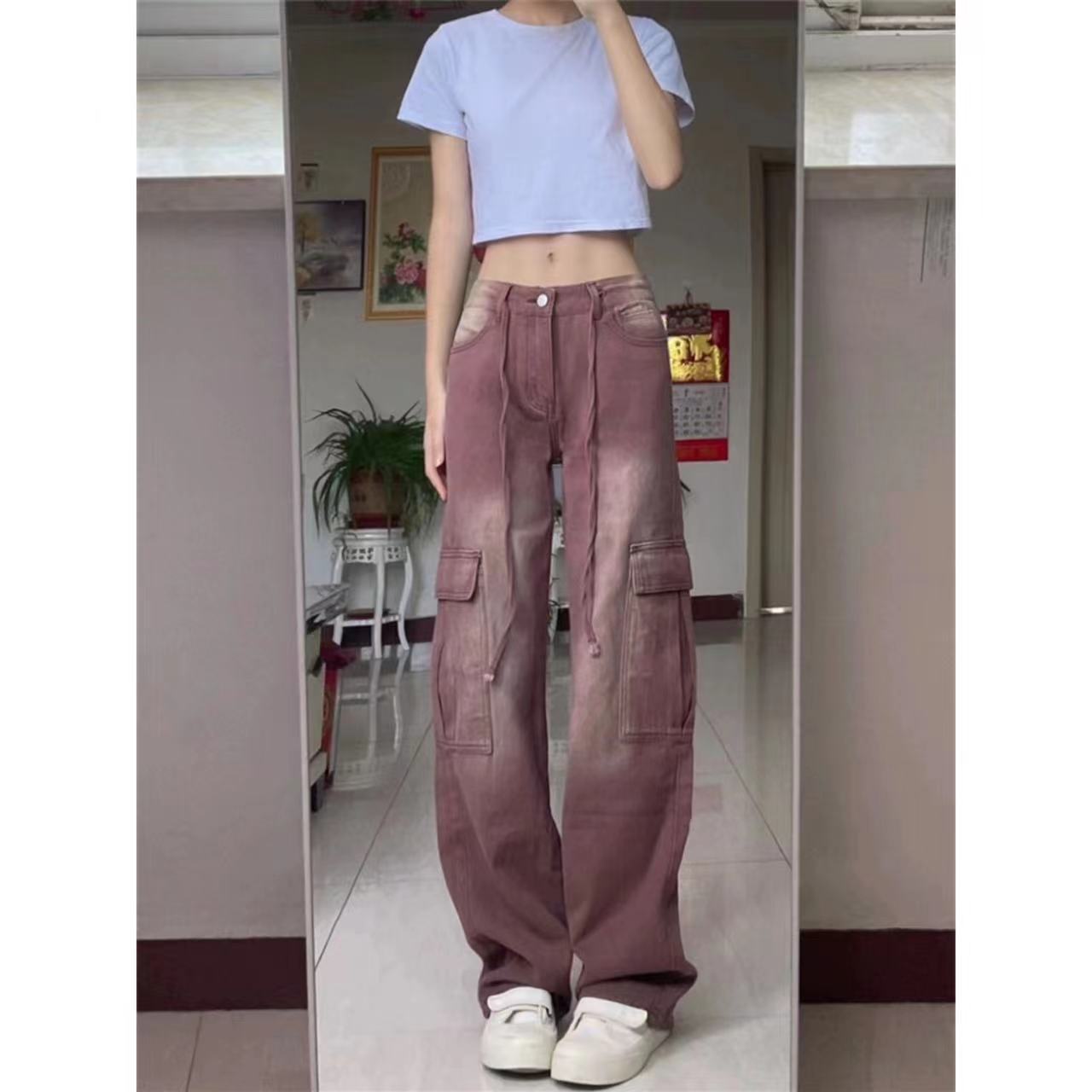 秋冬季棕色牛仔褲女直筒寬鬆顯瘦水洗百搭辣妹工裝磨白多巴胺顯高