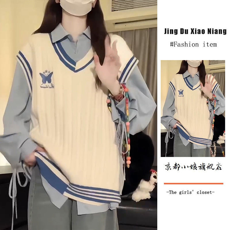 套裝/單件ins日系甜美百搭時尚外搭馬甲背心毛衣女學生+綁帶襯衫
