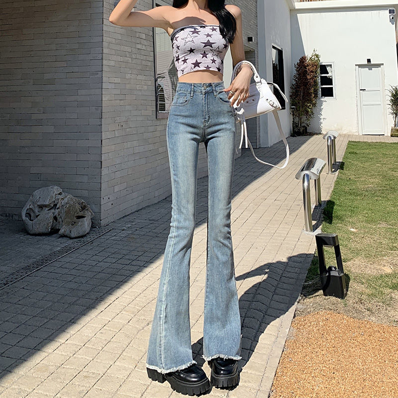 復古高腰微喇牛仔褲女春秋顯瘦馬蹄褲小個子修身彈力毛邊喇叭褲子