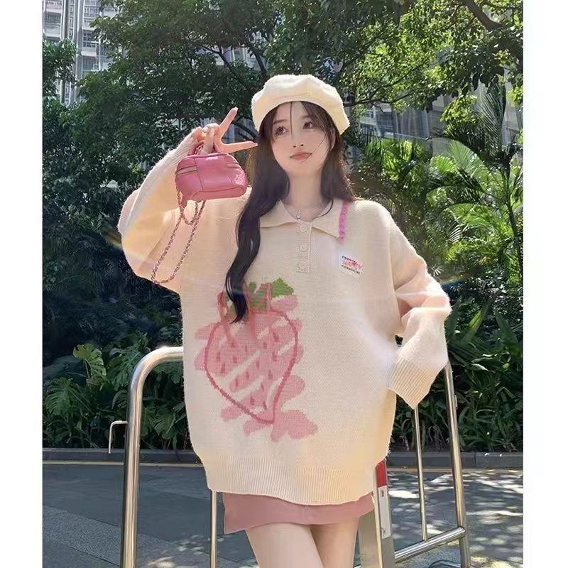 毛衣女POLP領針織衫套頭慵懶風日系復古草莓刺繡提花外套上衣衛衣
