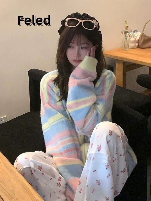 Feira Denton colorful striped knitted sweater for men and women early autumn loose design versatile slim coat top