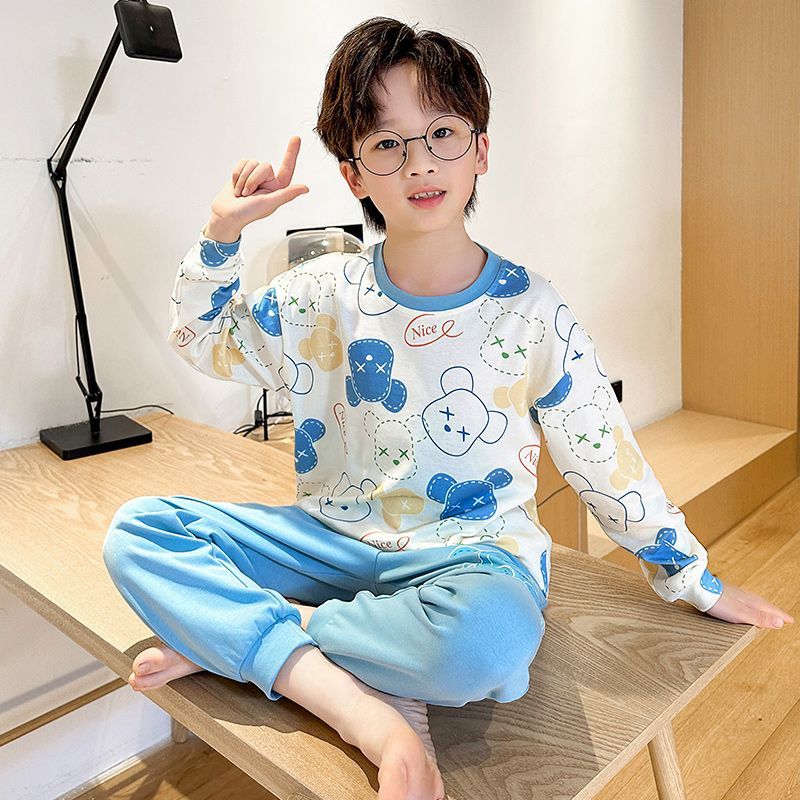 Children's pajamas, boys' spring and autumn pure cotton long-sleeved suits, medium and large children's cartoon boys and babies, thin summer home clothes