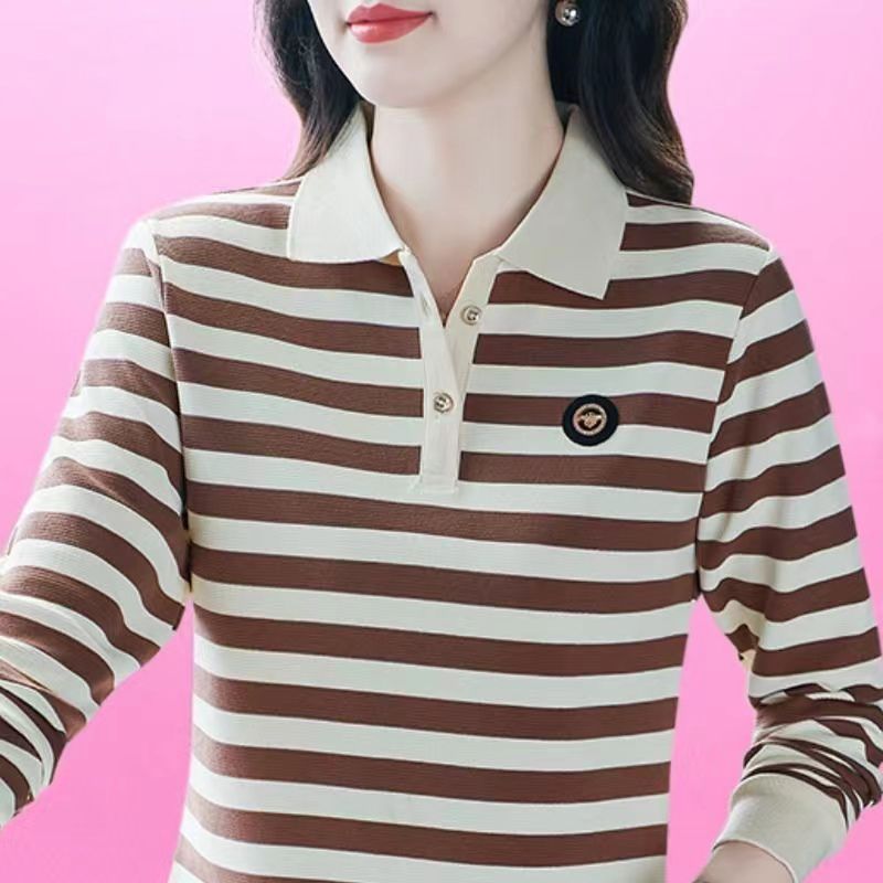 撿漏~外貿尾單大牌剪標翻領長袖t恤女媽媽秋季長袖條紋打底衫