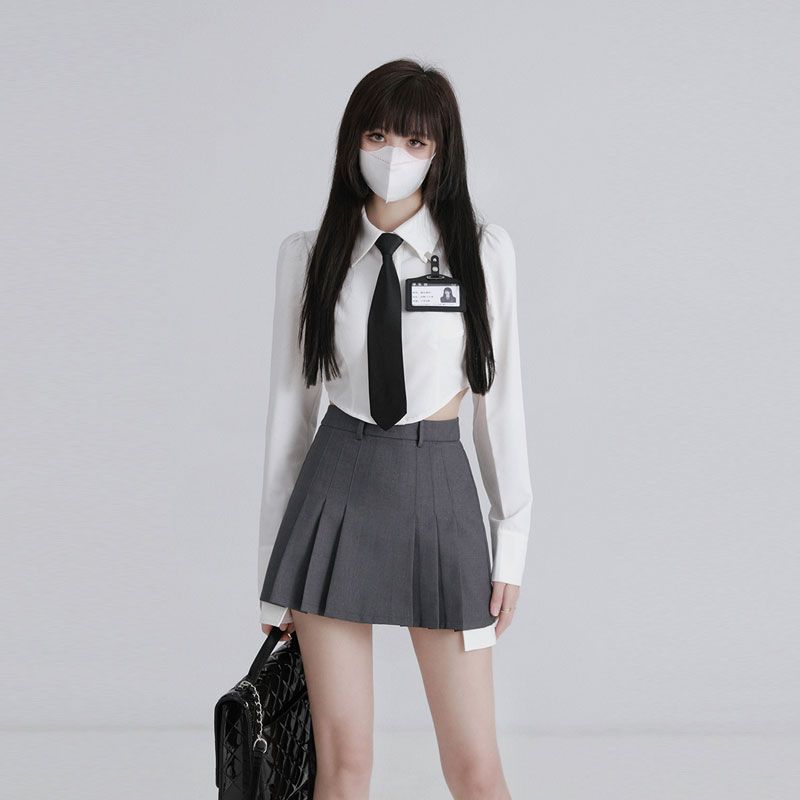 jk學院風白色襯衫女收腰春秋新款韓系短款上衣內搭疊穿長袖襯衣潮