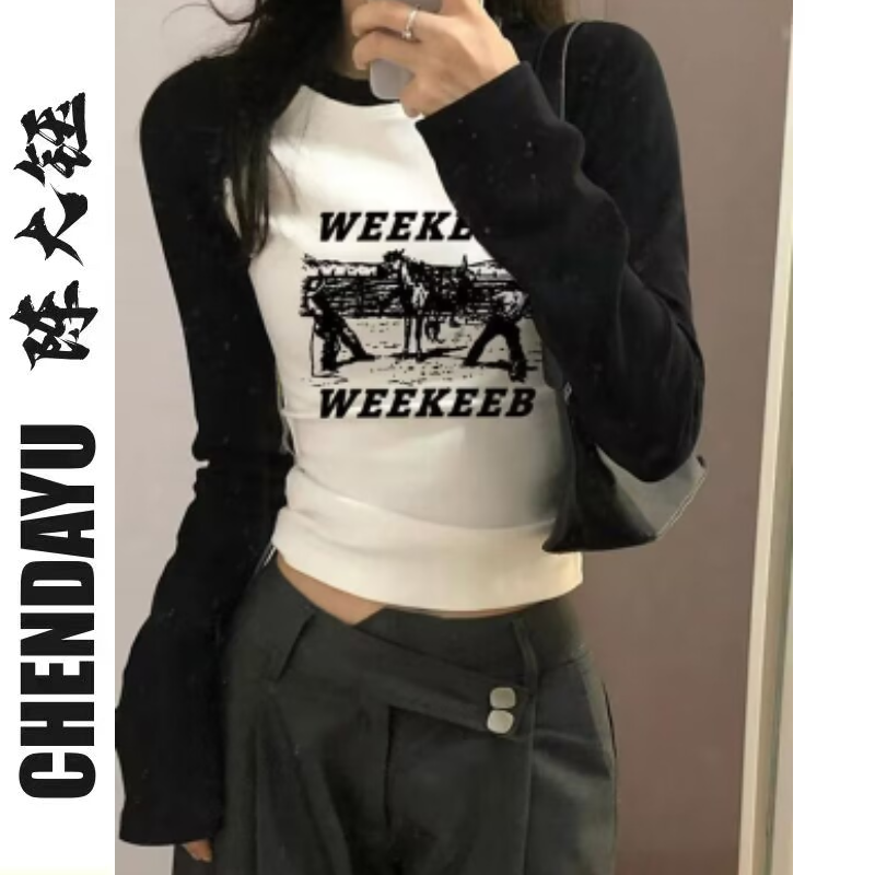 陳大鈺復古美式短款插肩長袖T恤女2023秋季緊身收腰打底衫上衣潮