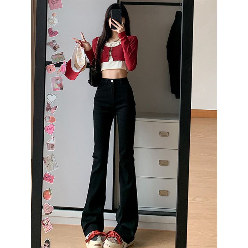 高腰顯瘦修身百搭拖地微喇褲子黑色喇叭牛仔褲女2023夏季新款美式