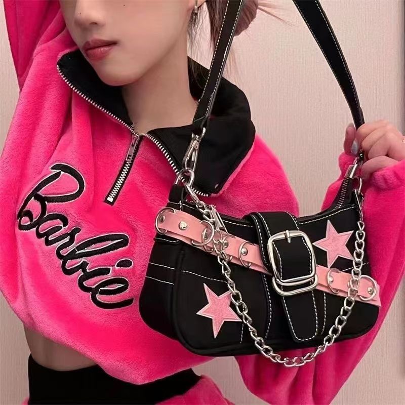 2022 new niche design pink belt star baguette shoulder bag y2k hot girl chain armpit bag for women