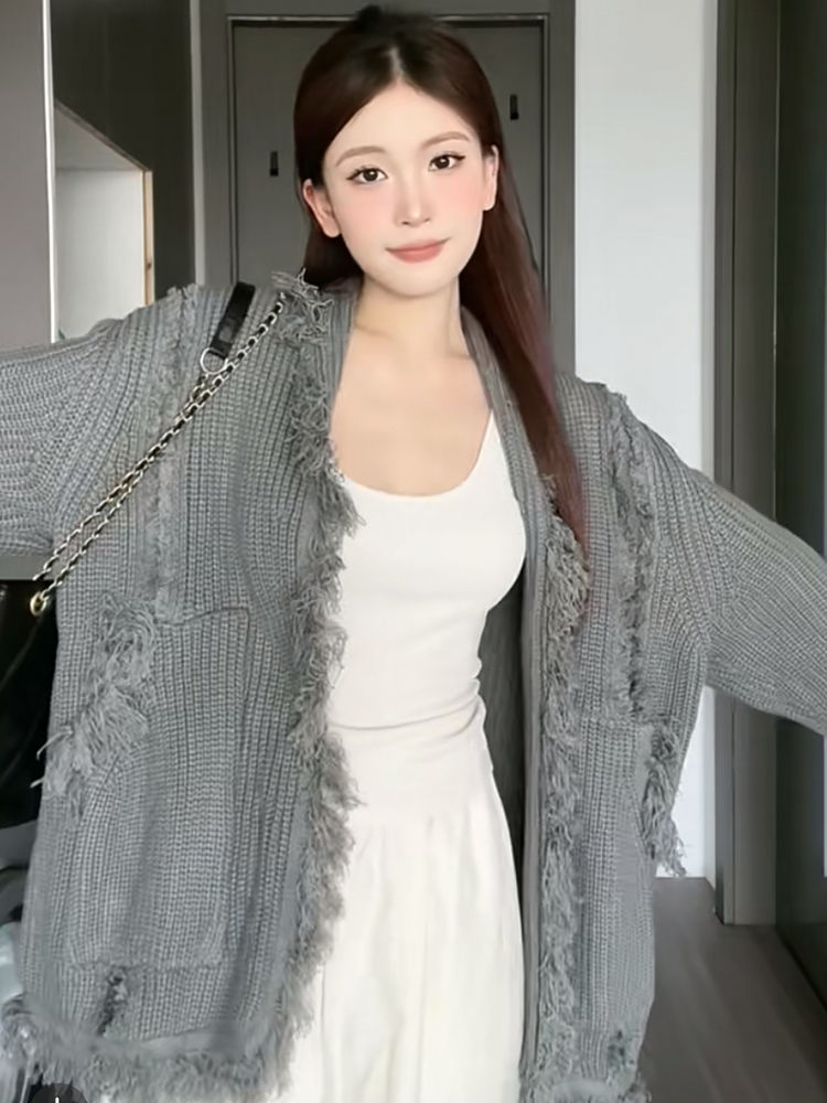 TIDE STUDIOS 復古慵懶風不規則流蘇外套女秋季寬鬆潮牌灰色上衣