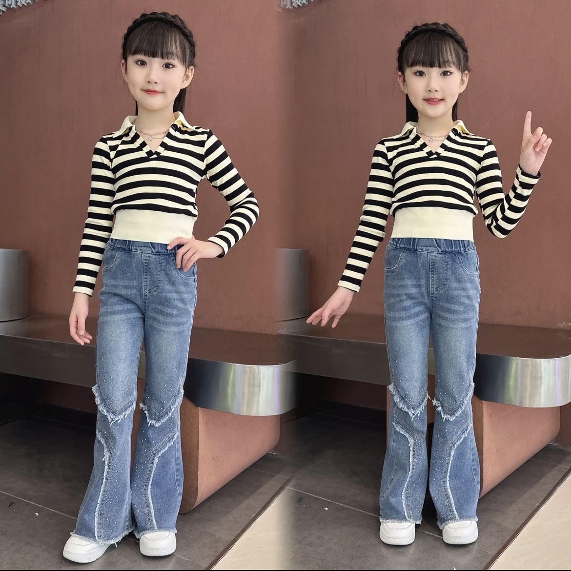 Girls suit autumn  Korean style striped sweatshirt for middle-aged and older children casual bottoming shirt denim bell pants two-piece set