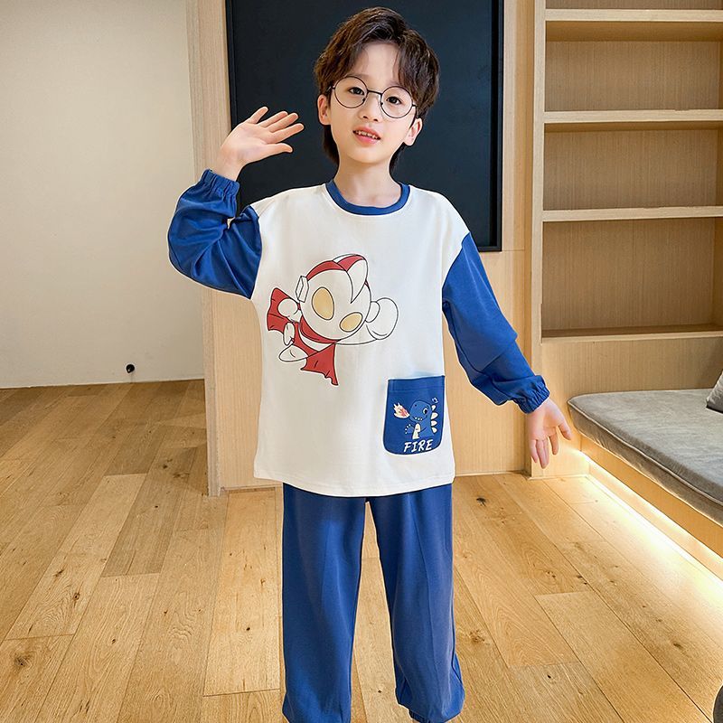 Children's pajamas, boys' spring and autumn pure cotton long-sleeved suits, medium and large children's cartoon boys and babies, thin summer home clothes