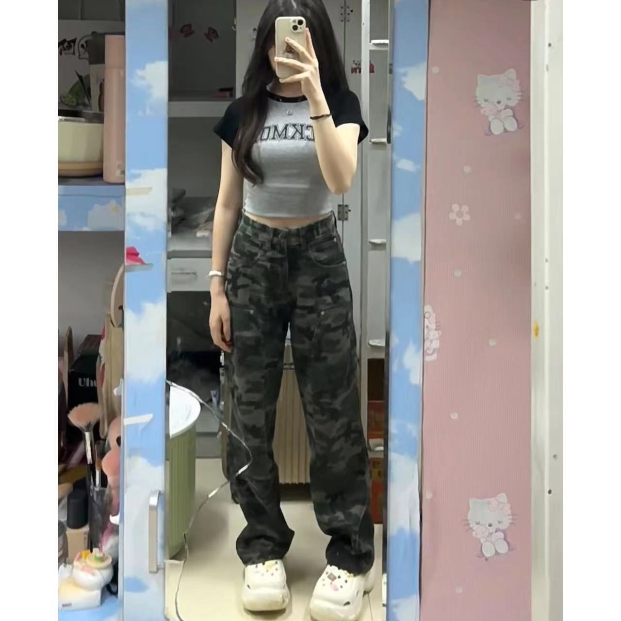 美式迷彩牛仔褲女寬鬆直筒拖地長褲顯瘦辣妹百搭爵士跳舞秋冬季潮