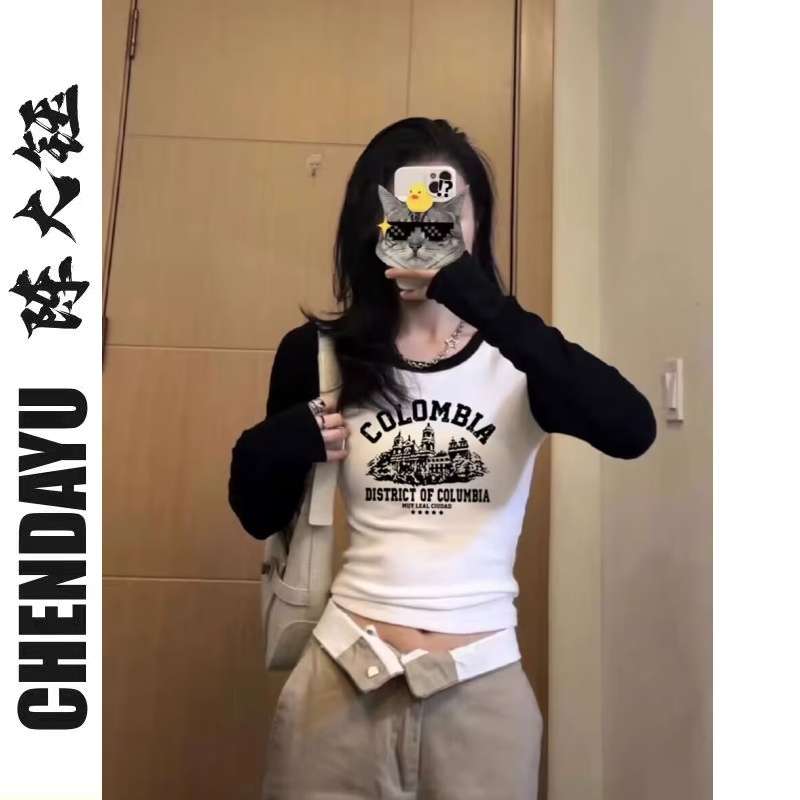 辣妹長袖T恤女設計感小眾秋季2023新款美式復古修身露臍短款上衣