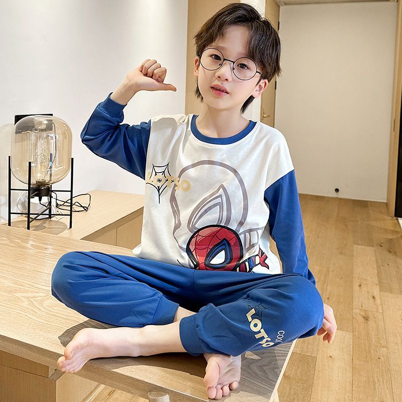 Children's pajamas, boys' spring and autumn pure cotton long-sleeved suits, medium and large children's cartoon boys and babies, thin summer home clothes