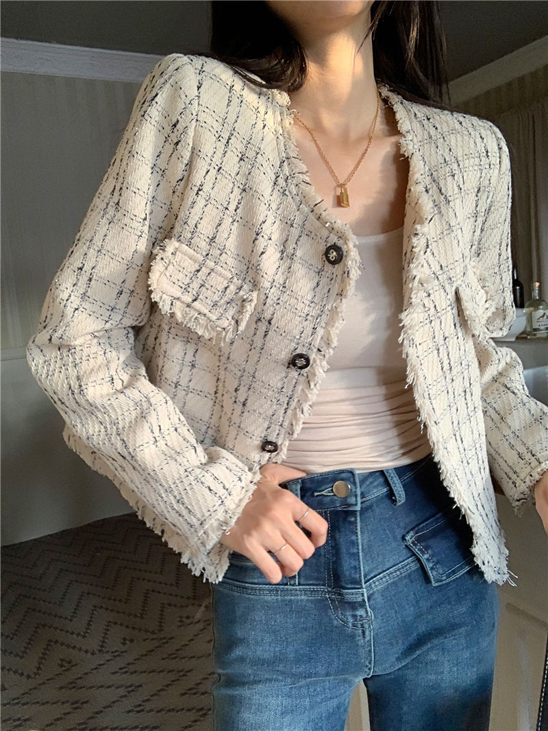 Autumn outer wear 2023 new French style retro style short style raw edge long-sleeved jacket cardigan top for women