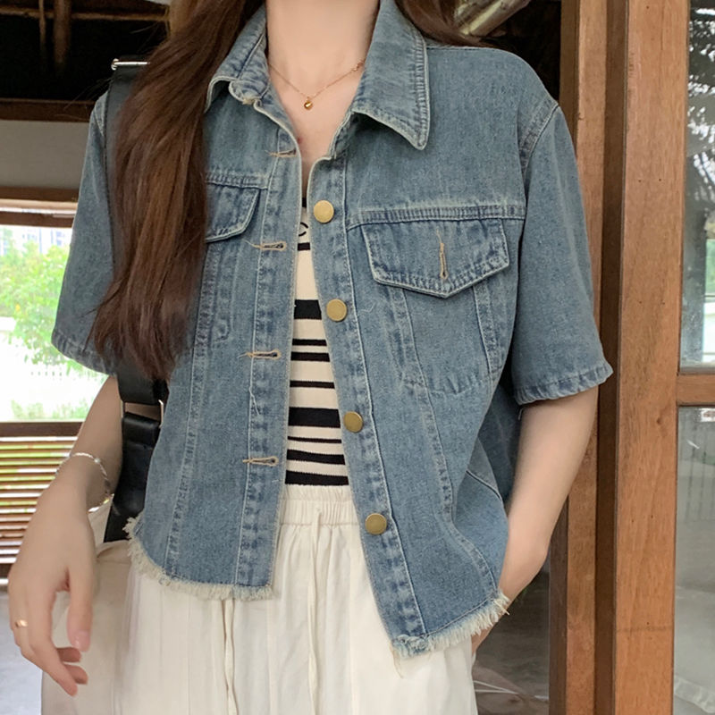 甜酷復古港風牛仔短袖襯衫女夏季2023新款寬鬆短款單排扣時尚上衣