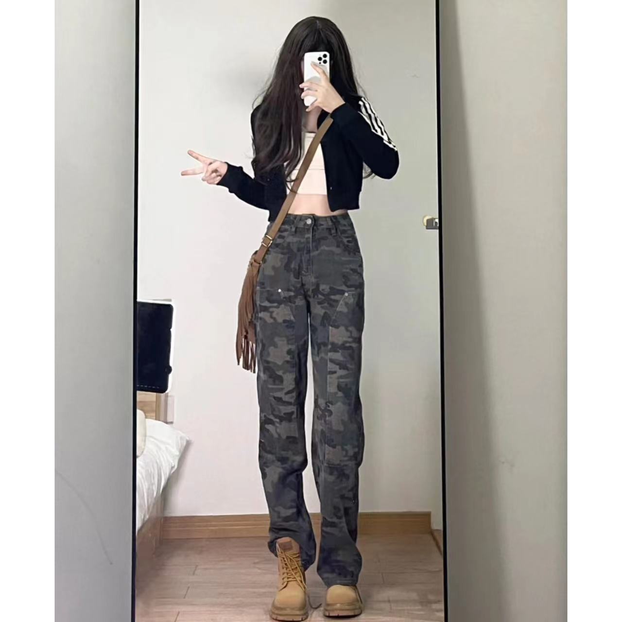 辣妹美式直筒迷彩牛仔褲女街頭顯瘦百搭爵士舞潮流拖地長褲闊腿褲