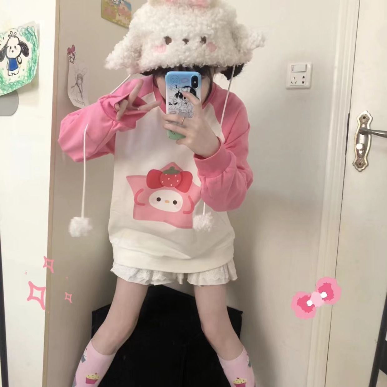 日系可愛插肩圓領衛衣女秋冬新款長袖多巴胺拼色上衣女學院風寬鬆