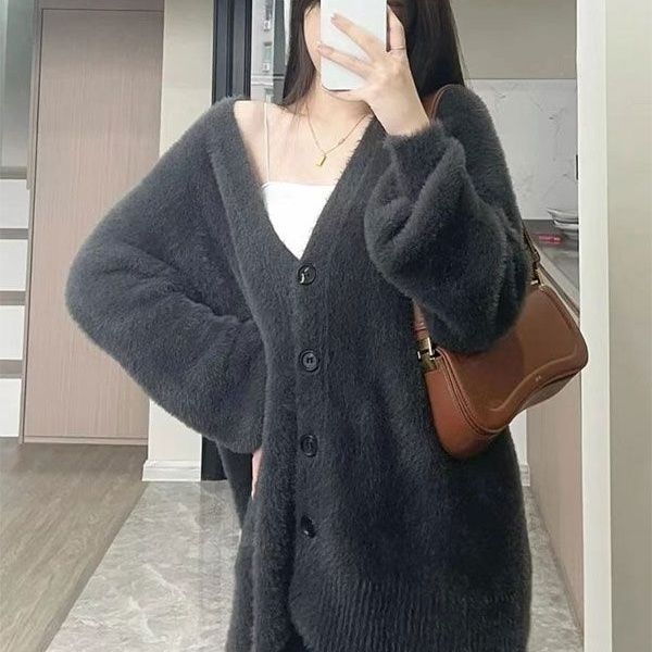 軟糯毛衣外套女秋冬慵懶風高級感小個子寬鬆顯瘦仿水貂絨針織開衫