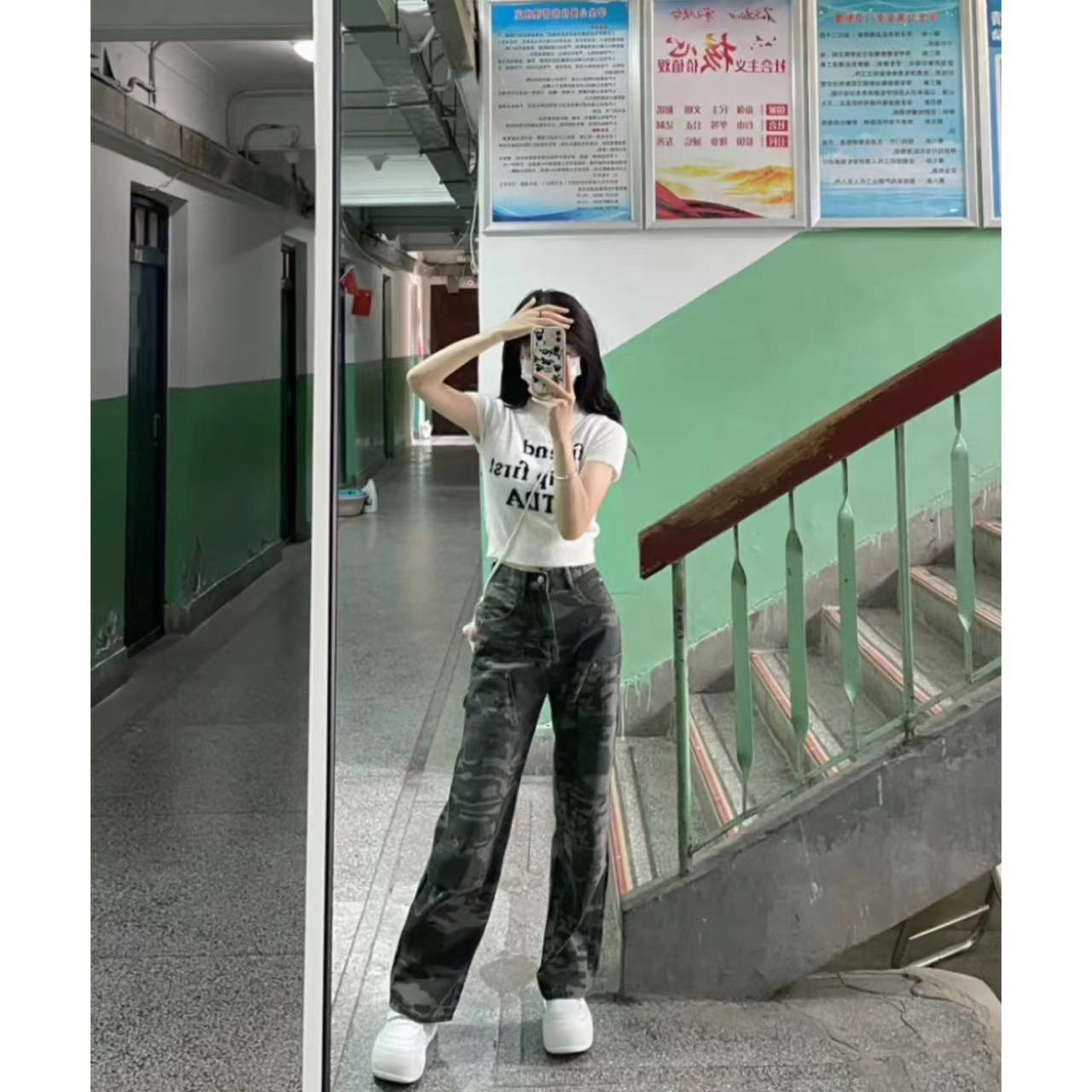 秋冬季美式迷彩牛仔褲女直筒寬鬆闊腿拖地長褲做舊潮流歐美風辣妹