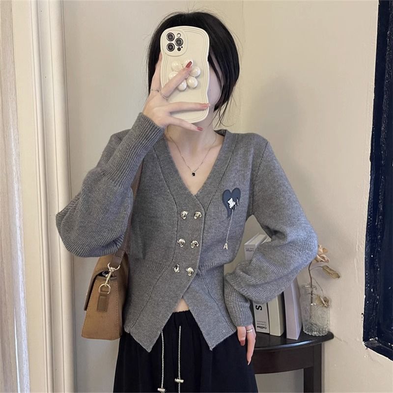 設計感小眾v領短款毛衣外套女春秋修身小個子雙排扣針織開衫上衣