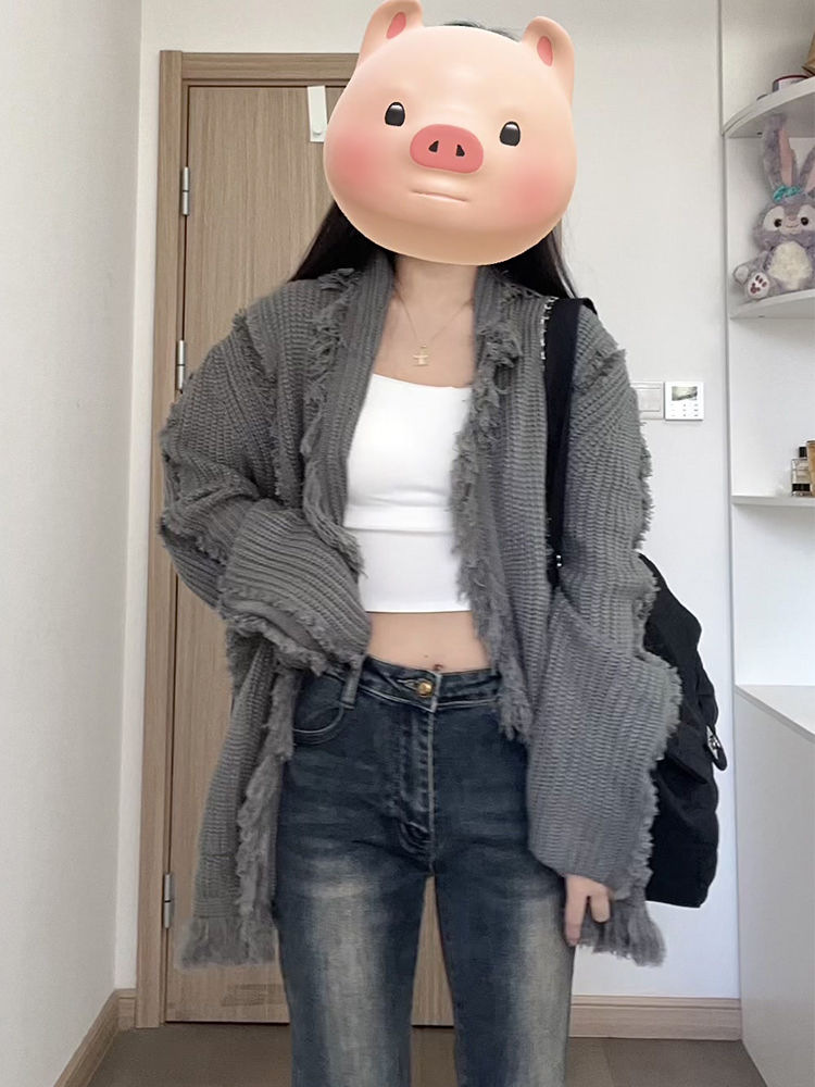 灰色復古毛邊流蘇針織開衫女春秋款不規則慵懶風寬鬆毛衣外套上衣