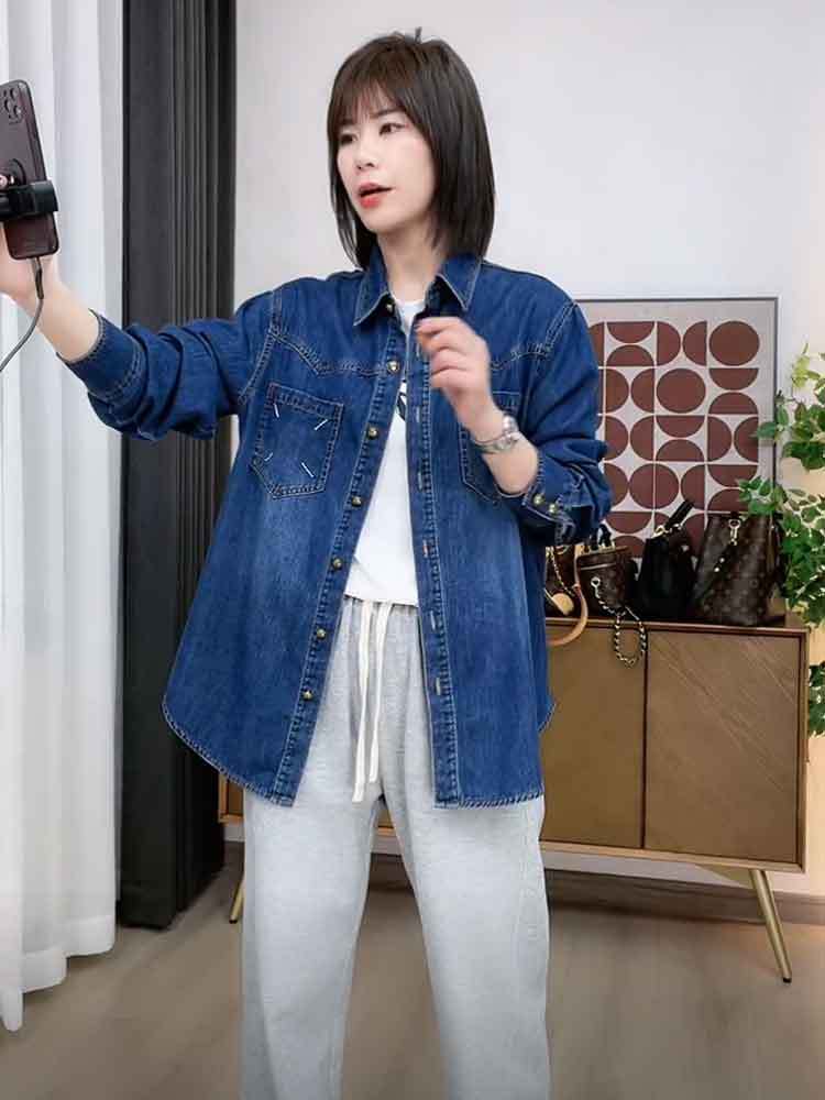 藍海奕諾時尚寬鬆顯瘦牛仔襯衫外套女2023秋刺繡疊穿上衣潮