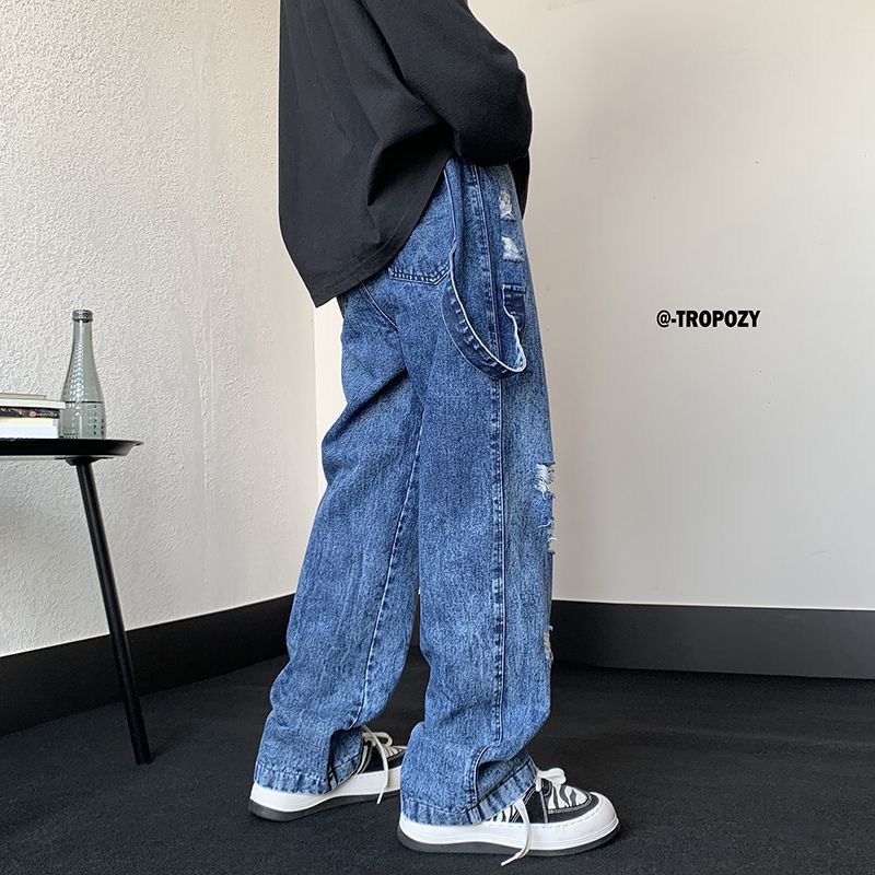 Oldschool American pants men's handsome high-end raw edge washed jeans ripped holes trendy brand ins high street men