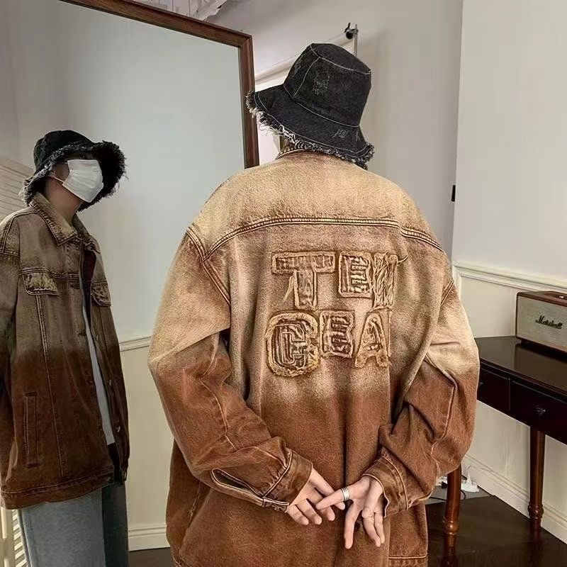 美式高街刺繡水洗做舊牛仔外套男秋季潮牌百搭寬鬆設計感情侶夾克