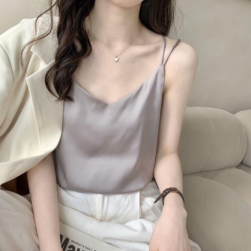 春夏韓版西裝內搭打底純欲v領醋酸真絲吊帶法式無袖背心女上衣