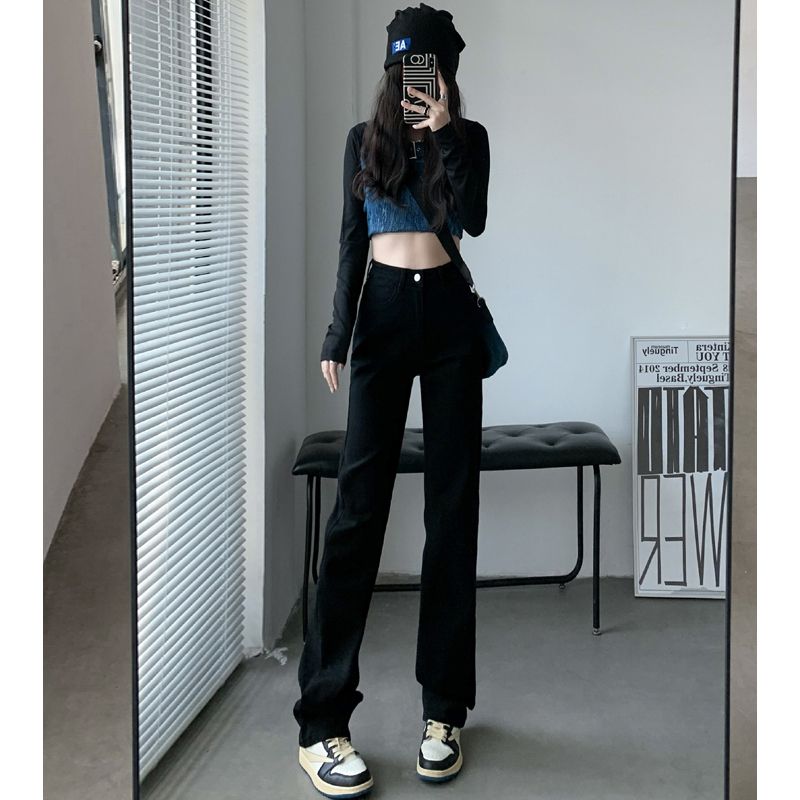小眾簡約煙管褲2023新款黑色秋季韓版高腰顯瘦設計感直筒牛仔褲女