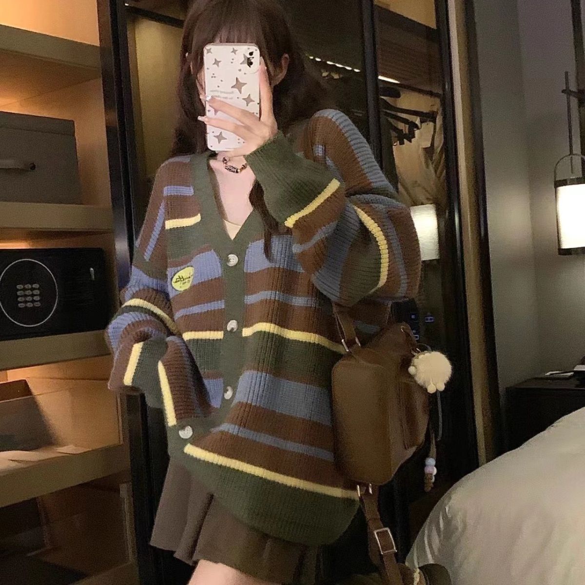 秋冬新款條紋長袖V領毛衣外套女軟糯學院風寬鬆拼色針織開衫上衣