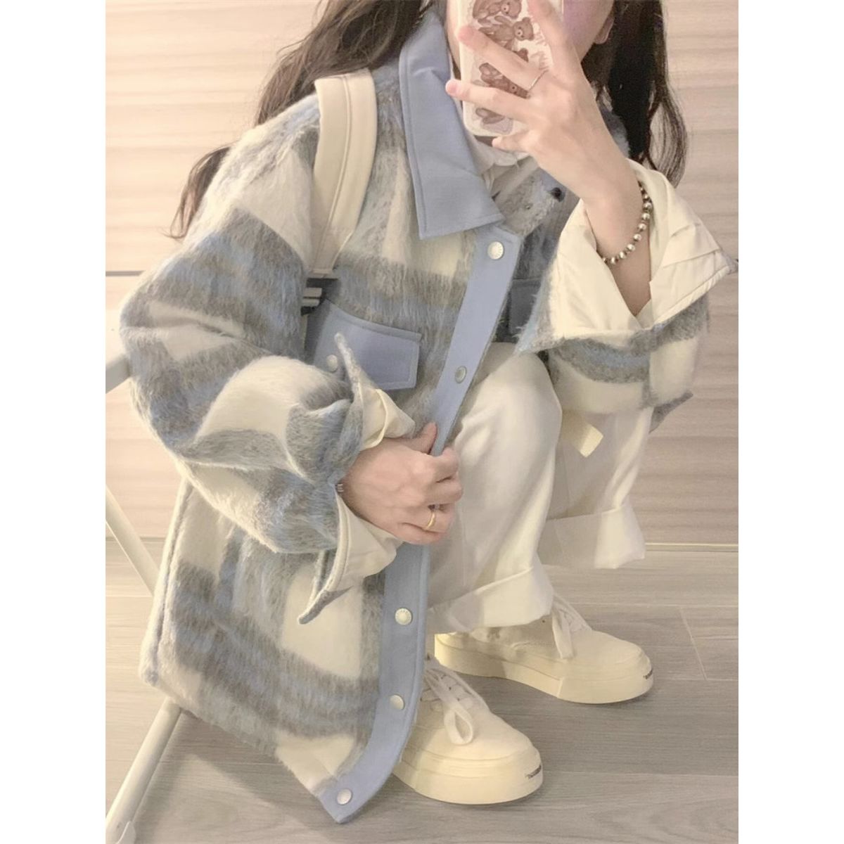 Oversize wool plaid splicing jacket for women in spring and autumn loose BF lazy style American retro jacket top