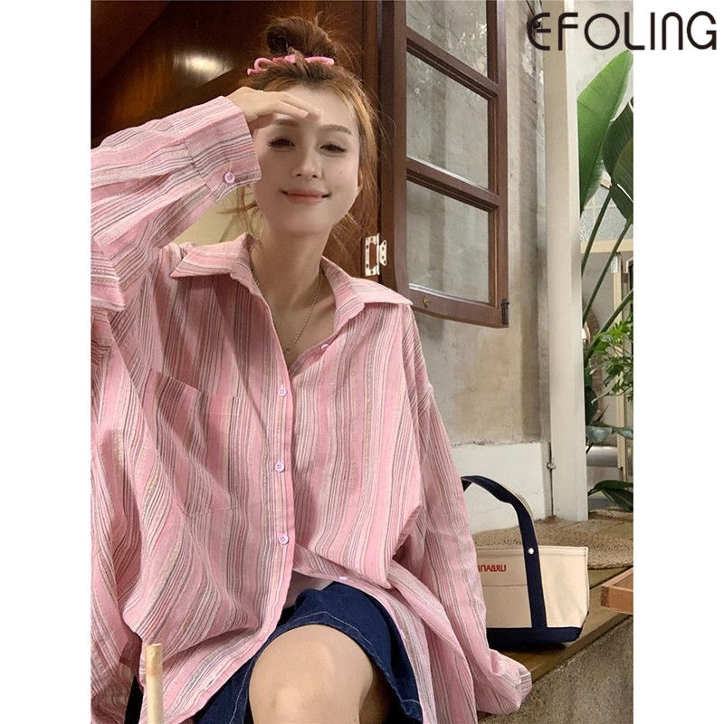 EFOLONG春秋中長款純棉長袖條紋襯衫女韓版小眾慵懶鹽系襯衣外套