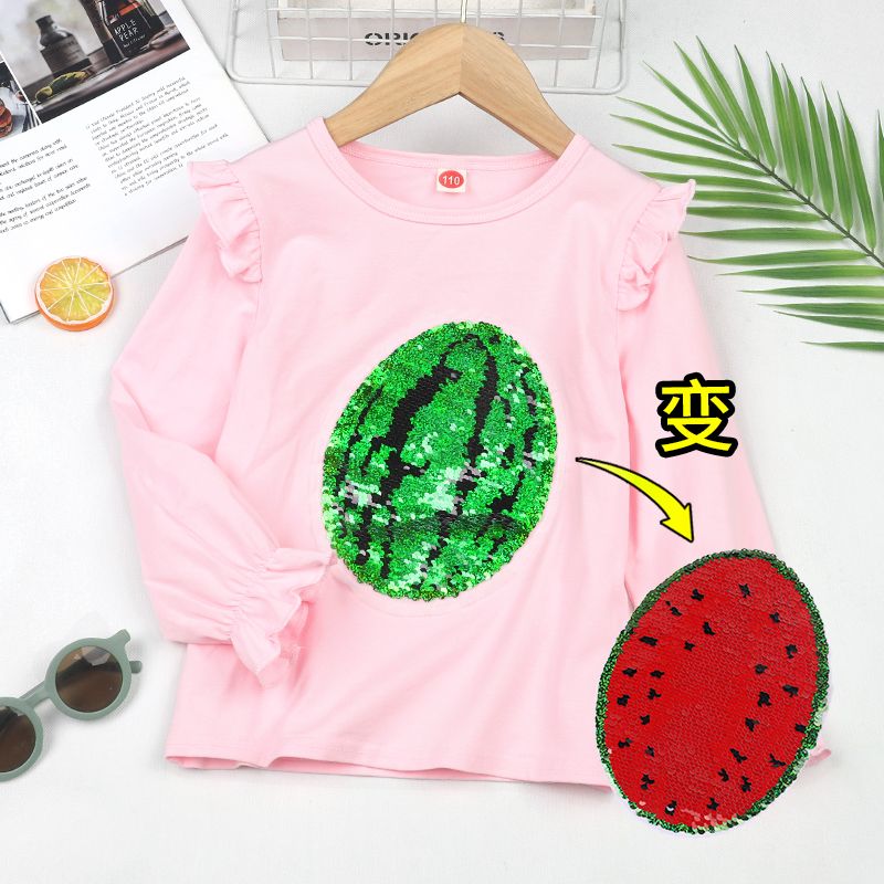 Girls' bottoming shirt pure cotton sequin T-shirt double-sided color-changing pattern  autumn and winter new style