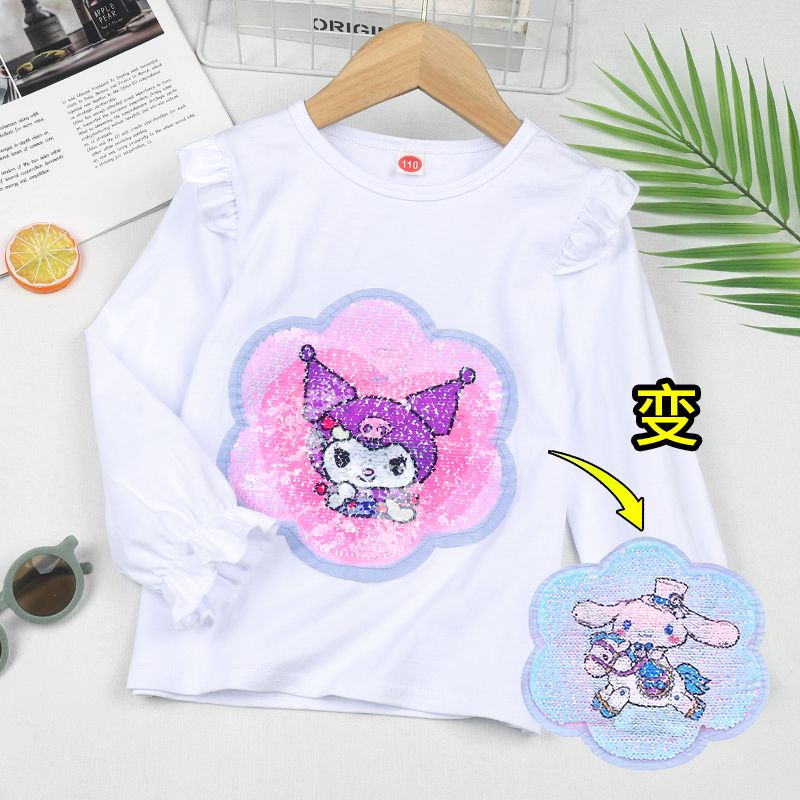 Girls' bottoming shirt pure cotton sequin T-shirt double-sided color-changing pattern  autumn and winter new style