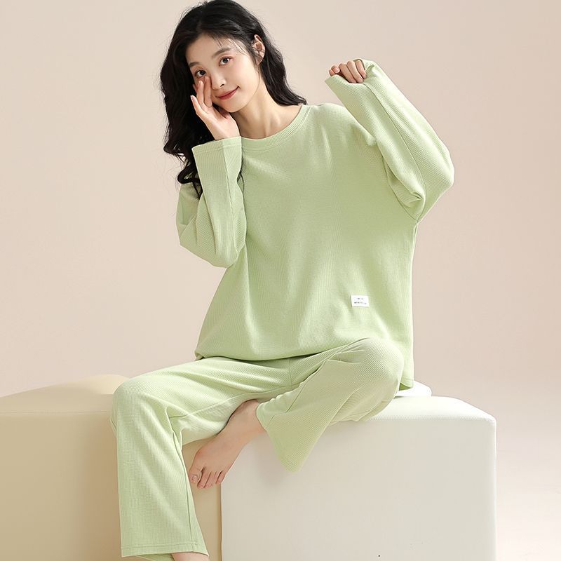 新款睡衣女春秋華夫格長袖套裝冬天休閒寬鬆可愛學生家居服可外穿