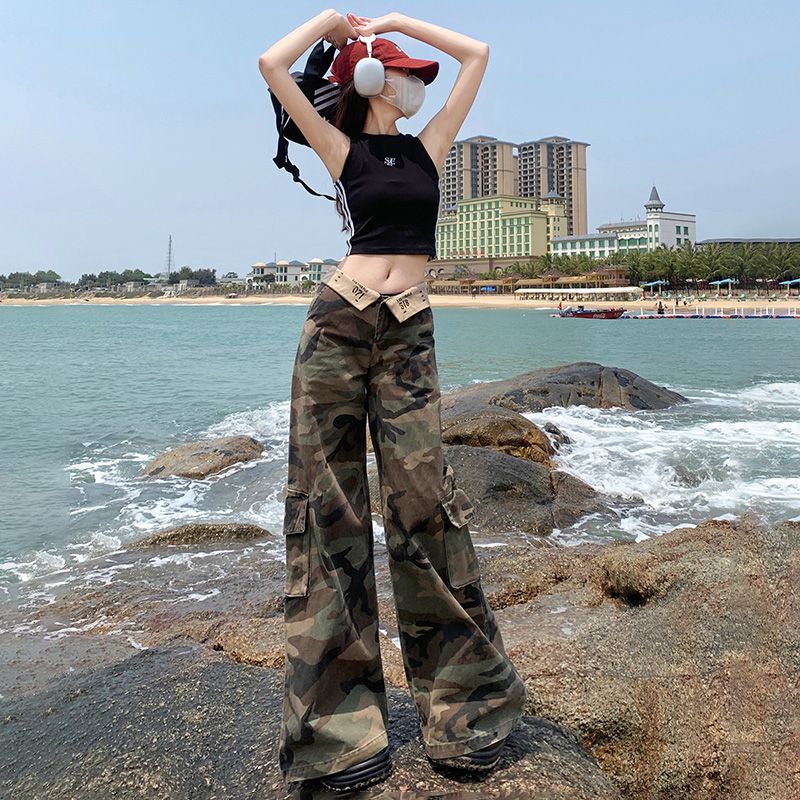 美式復古迷彩工裝褲女2023夏季新款加長高個子寬鬆垂感闊腿牛仔褲