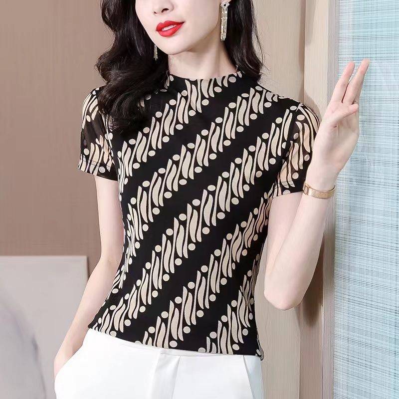 短袖網紗百搭T恤女2022夏季新品斜紋氣質打底衫半高領上衣小衫潮