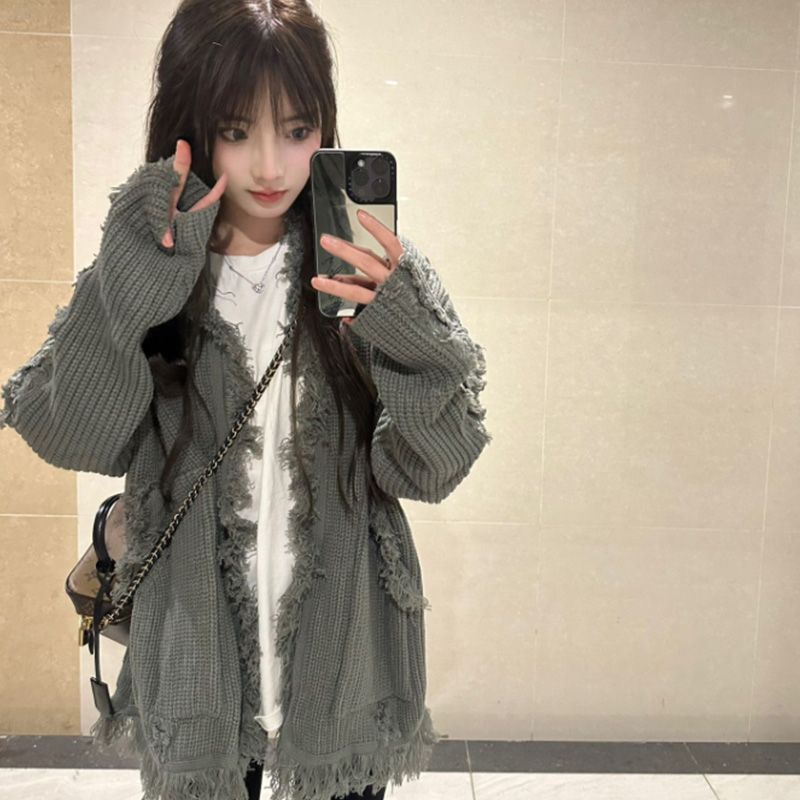 灰色毛邊流蘇毛衣外套女秋冬寬鬆慵懶風oversize長袖針織開衫上衣