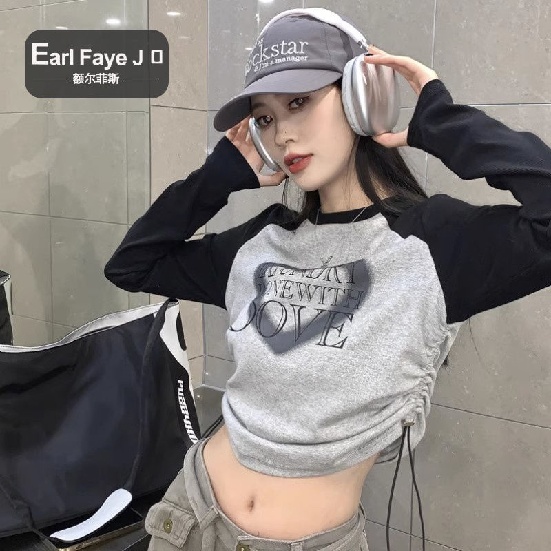 美式辣妹插肩長袖t恤女2024春秋設計感小眾抽繩修身短款露臍上衣