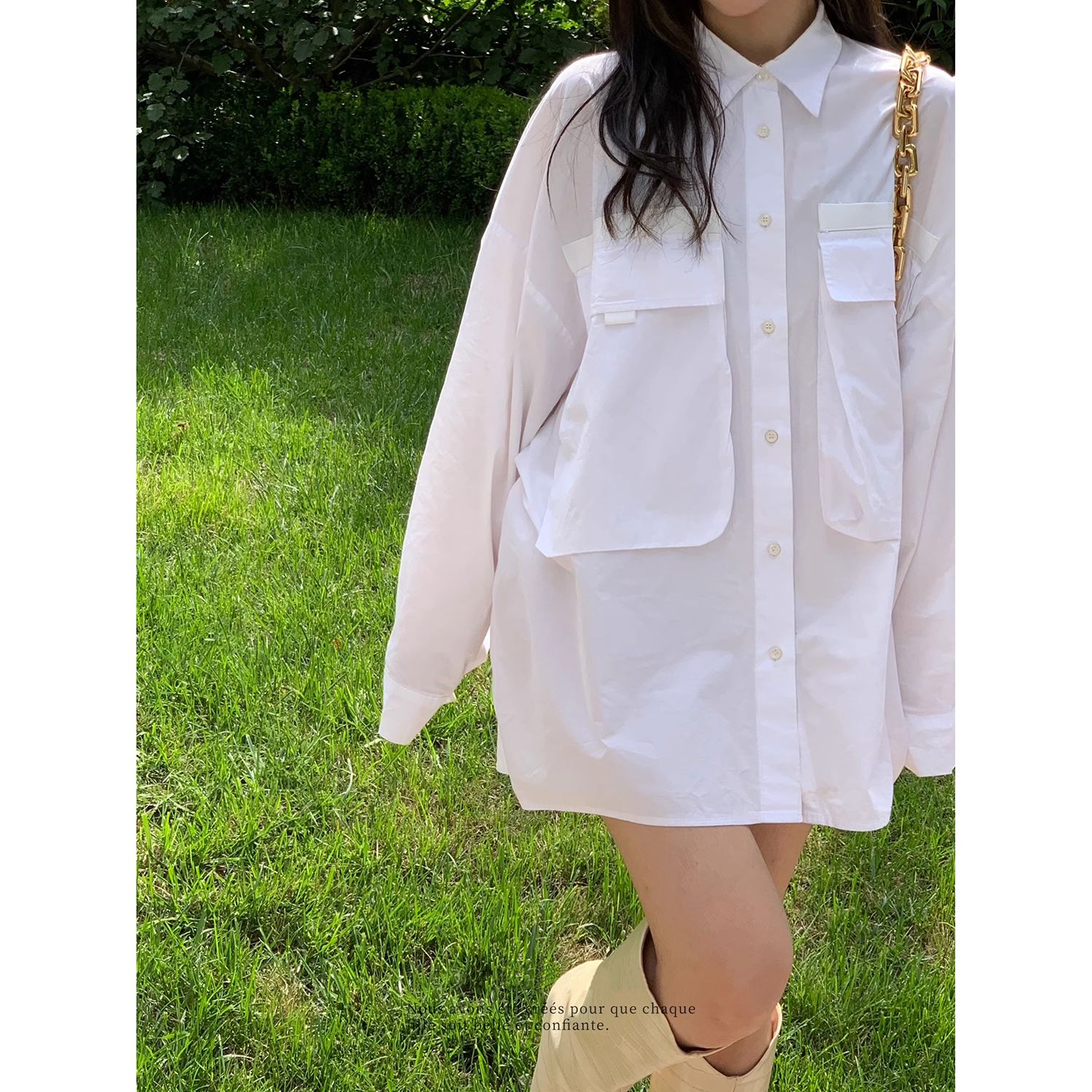 韓版寬鬆大口袋襯衫女秋季2023新款純欲風設計感小眾白色長袖上衣