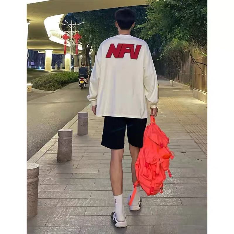 美式重磅純棉字母印花長袖T恤男秋季新款潮牌寬鬆圓領上衣打底衫