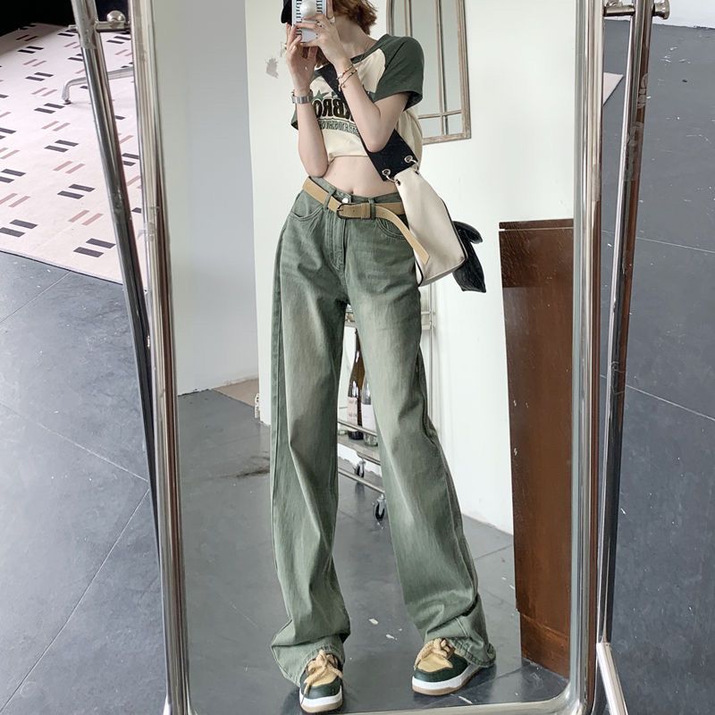 美式高街复古绿色直筒牛仔裤女春秋新款高腰小众设计感拖地裤