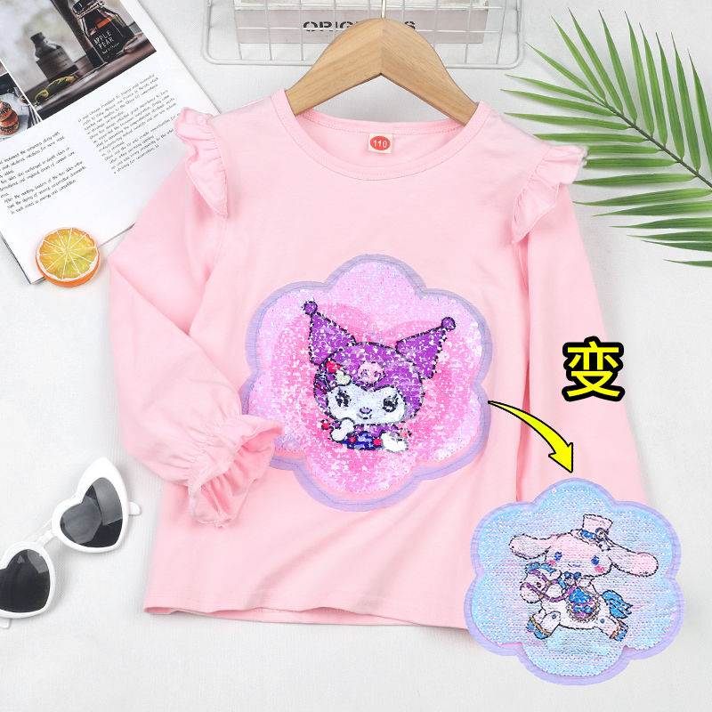 Girls' bottoming shirt pure cotton sequin T-shirt double-sided color-changing pattern  autumn and winter new style