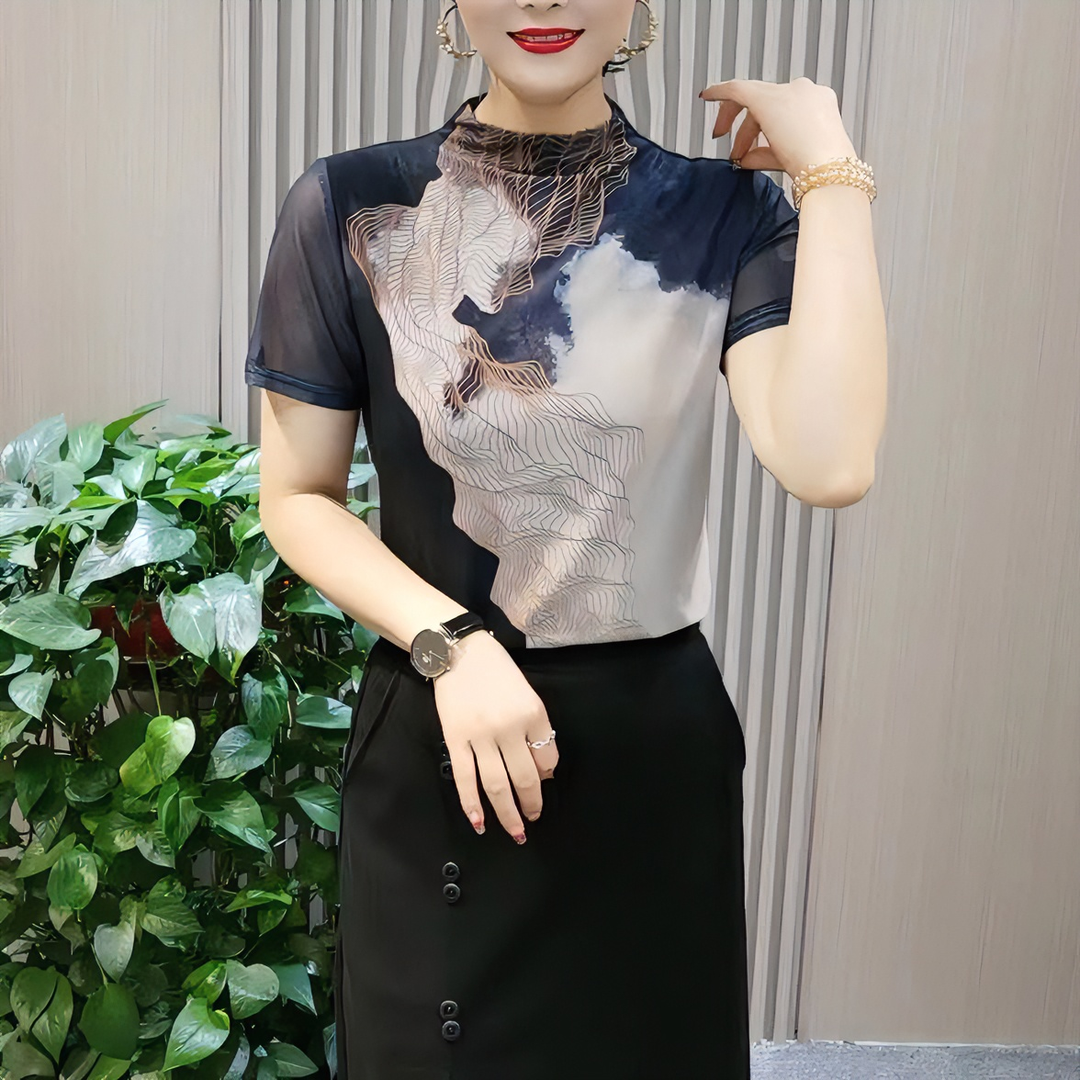 印花網紗短袖T恤女2022夏裝新款百搭時尚修身洋氣別致打底上衣潮