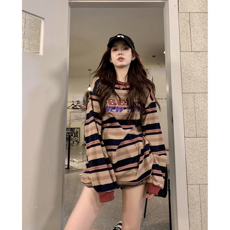撞色條紋寬鬆圓領美式復古字母印花2023春秋款長袖T恤女上衣潮in