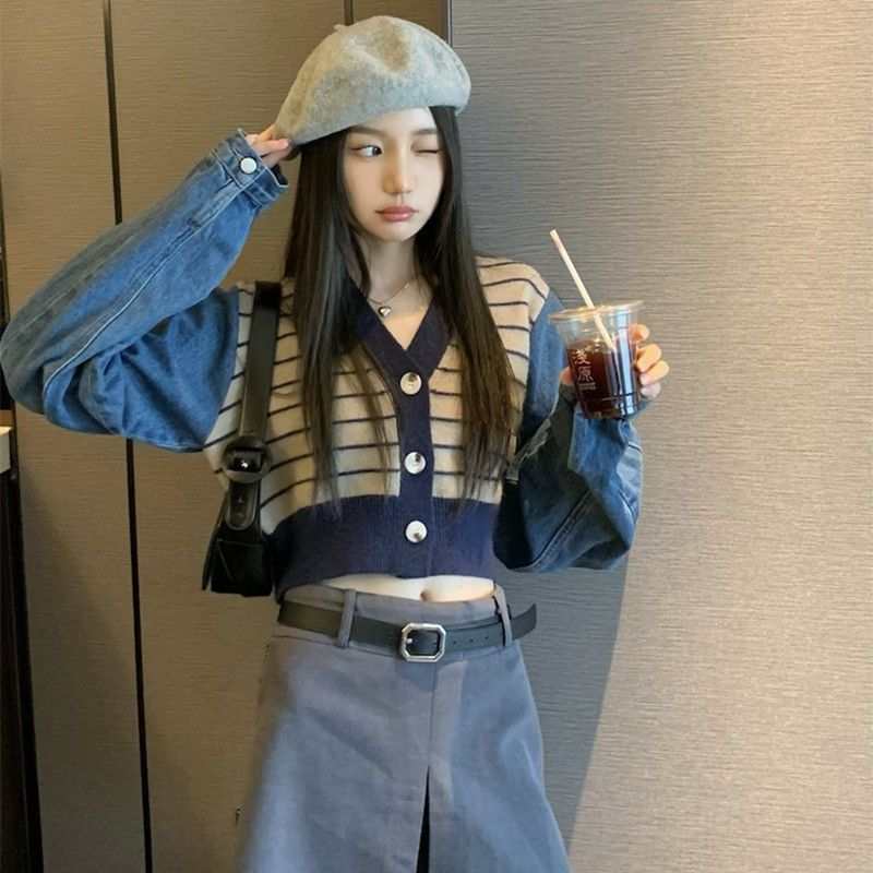 秋冬新款慵懶風牛仔拼接毛衣開衫短款小個子外套針織衫上衣外穿女