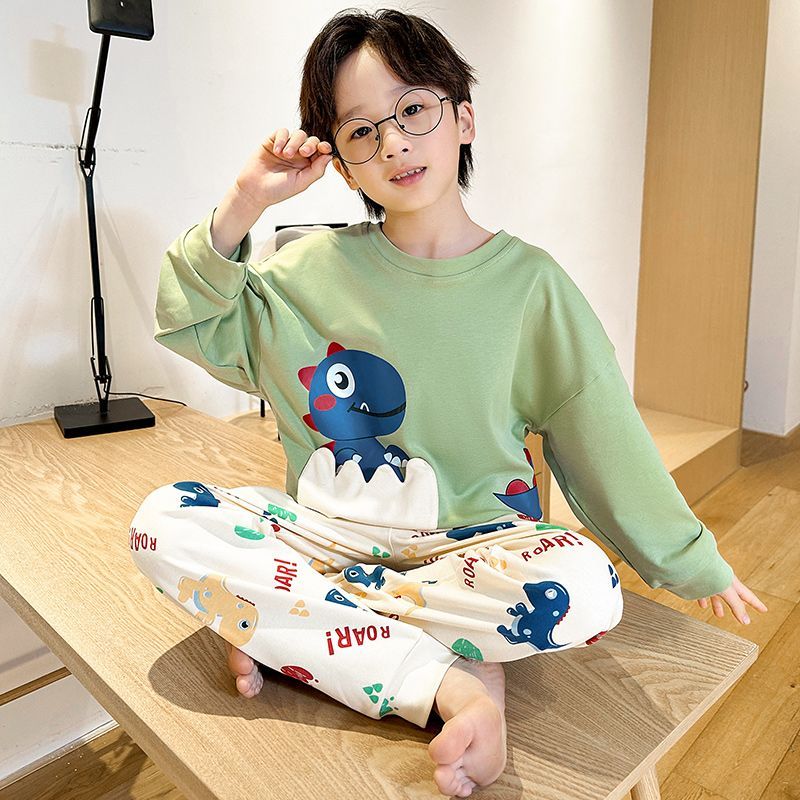 Children's pajamas, boys' spring and autumn pure cotton long-sleeved suits, medium and large children's cartoon boys and babies, thin summer home clothes